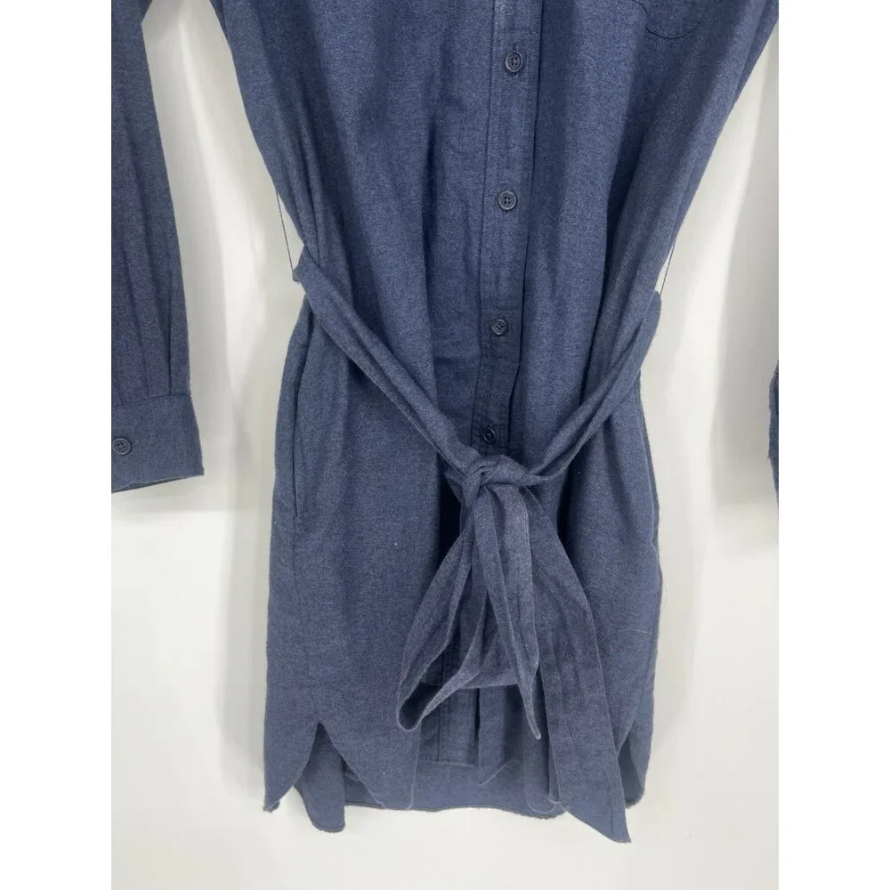 Grana Italian Flannel Button down long sleeve shirt dress w/ tie Belt Blue Small